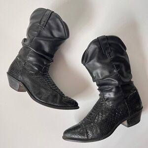 Vintage 80s Slouchy Mid Calf Black Western Boots Snakeskin Leather Biker 8.5